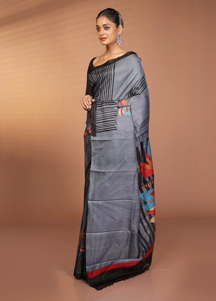 Grey Printed Pure Silk Saree Without Blouse Piece