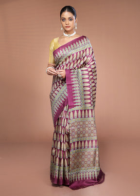 Purple Printed Pure Silk Saree Without Blouse Piece