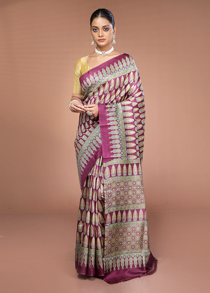 Purple Printed Pure Silk Saree Without Blouse Piece