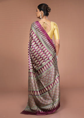 Purple Printed Pure Silk Saree Without Blouse Piece