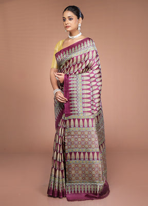 Purple Printed Pure Silk Saree Without Blouse Piece