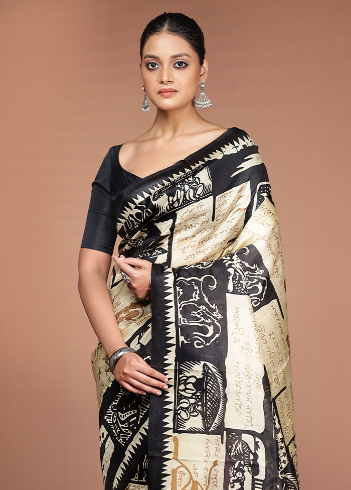 Cream Printed Pure Silk Saree Without Blouse Piece