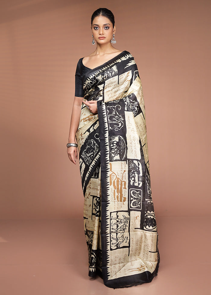 Cream Printed Pure Silk Saree Without Blouse Piece