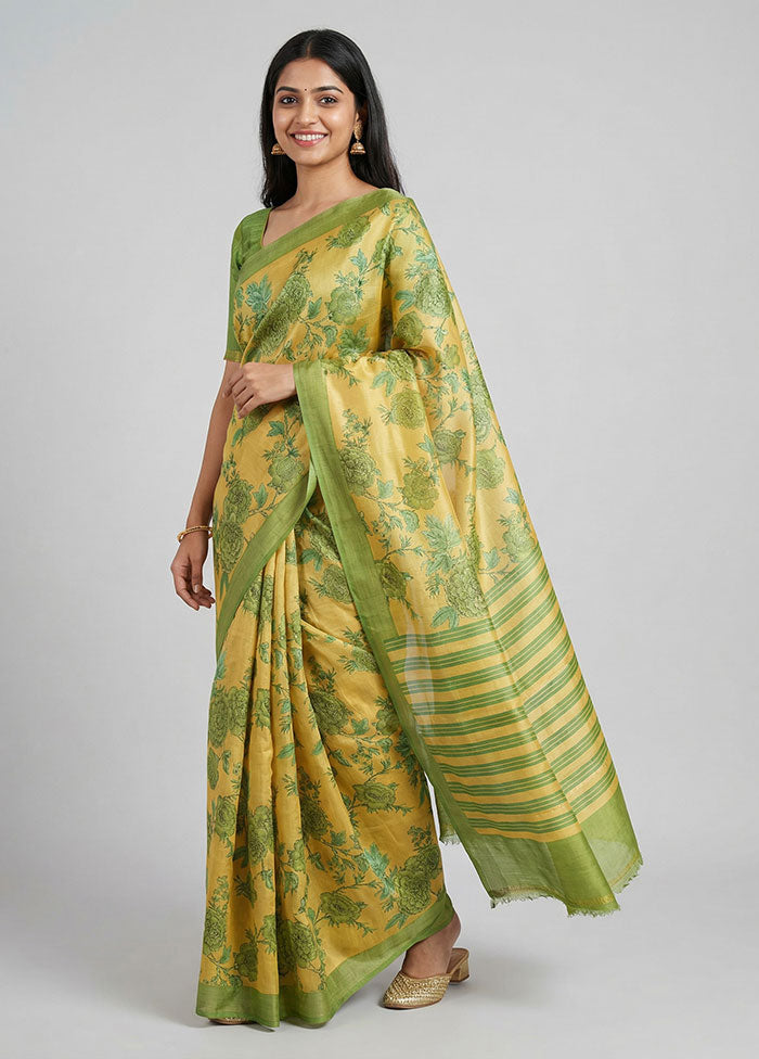Yellow Printed Pure Silk Saree Without Blouse Piece