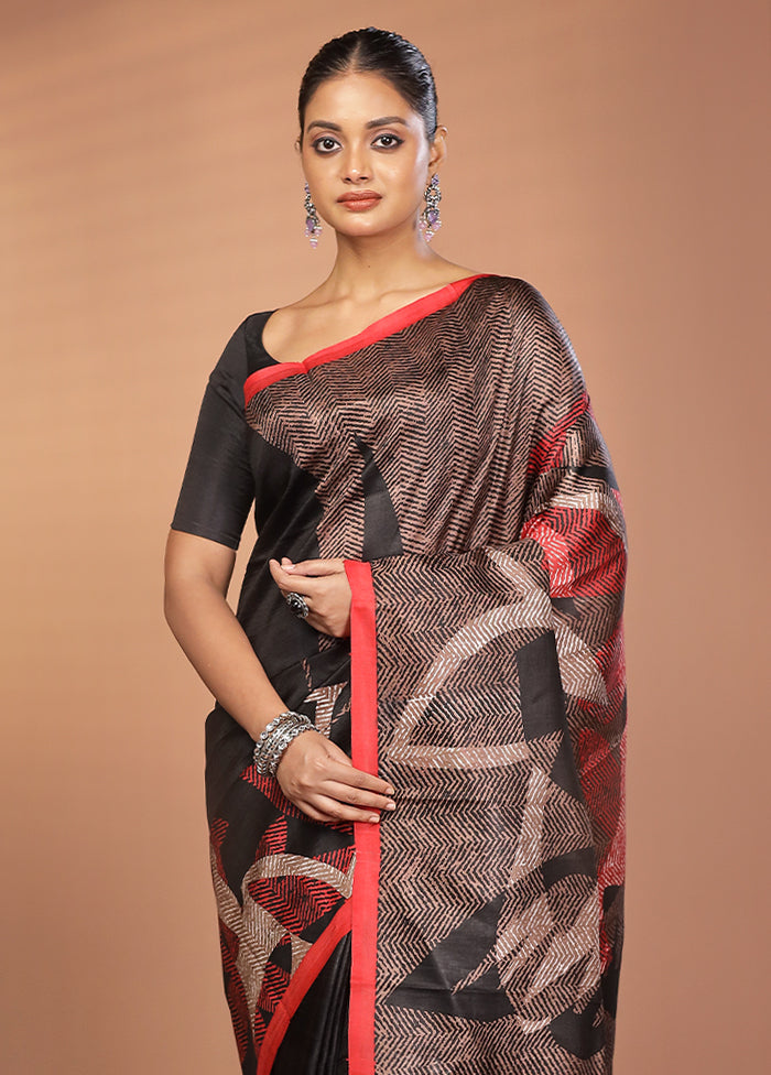 Black Printed Pure Silk Saree Without Blouse Piece