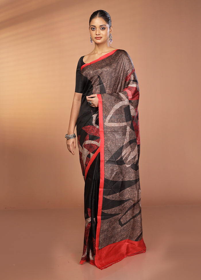 Black Printed Pure Silk Saree Without Blouse Piece
