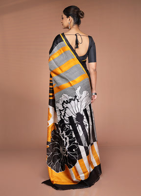 Black Printed Pure Silk Saree Without Blouse Piece