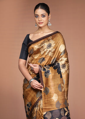 Cream Printed Pure Silk Saree Without Blouse Piece