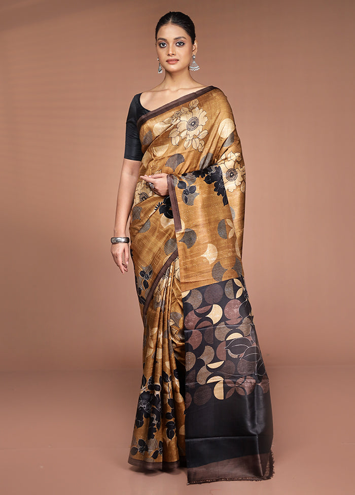 Cream Printed Pure Silk Saree Without Blouse Piece