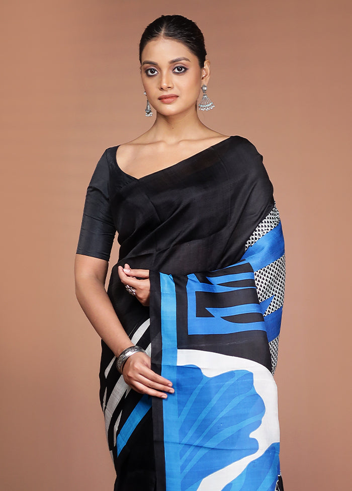 Black Printed Pure Silk Saree Without Blouse Piece