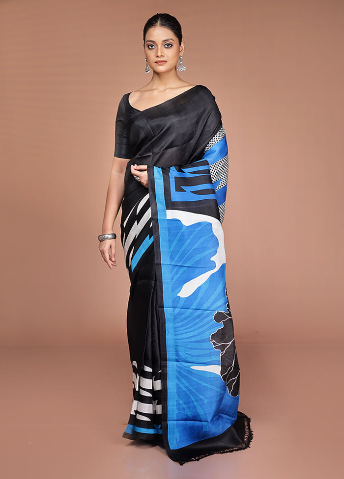 Black Printed Pure Silk Saree Without Blouse Piece