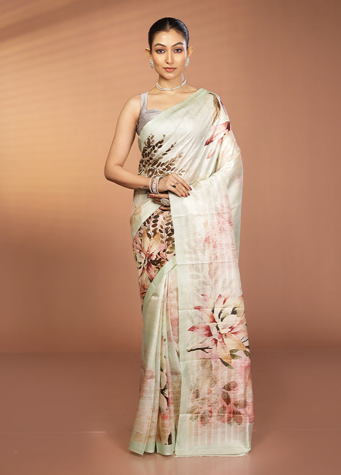 White Handloom Printed Pure Silk Saree Without Blouse Piece
