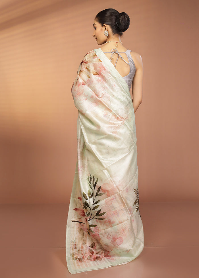 White Handloom Printed Pure Silk Saree Without Blouse Piece
