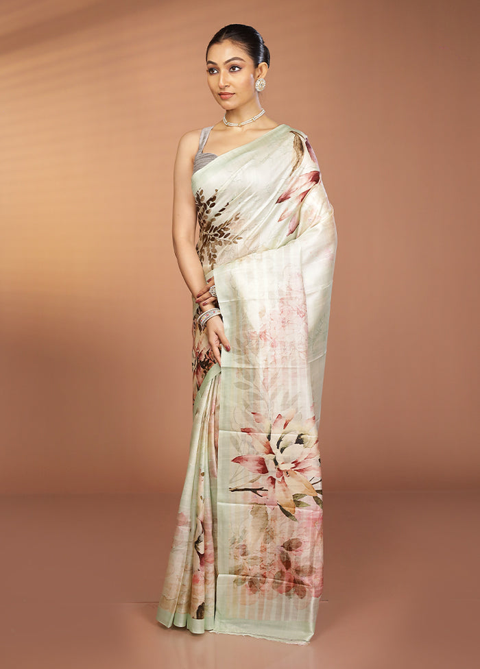 White Handloom Printed Pure Silk Saree Without Blouse Piece