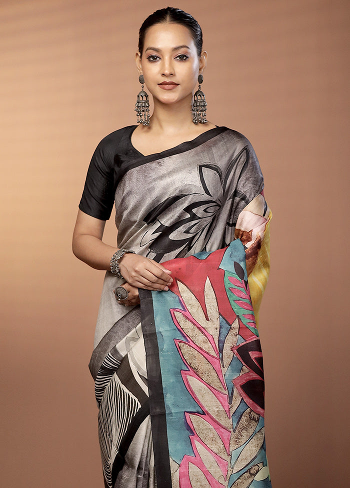 Grey Handloom Printed Pure Silk Saree Without Blouse Piece
