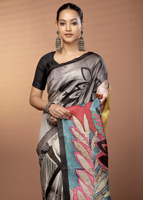 Grey Handloom Printed Pure Silk Saree Without Blouse Piece