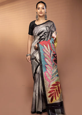 Grey Handloom Printed Pure Silk Saree Without Blouse Piece