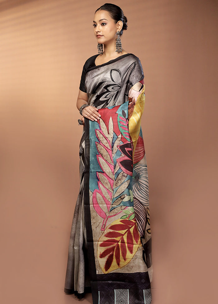 Grey Handloom Printed Pure Silk Saree Without Blouse Piece