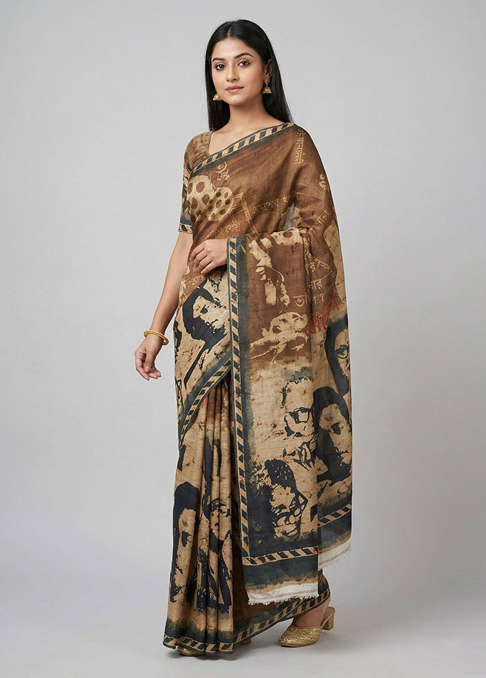 Cream Printed Pure Silk Saree Without Blouse Piece
