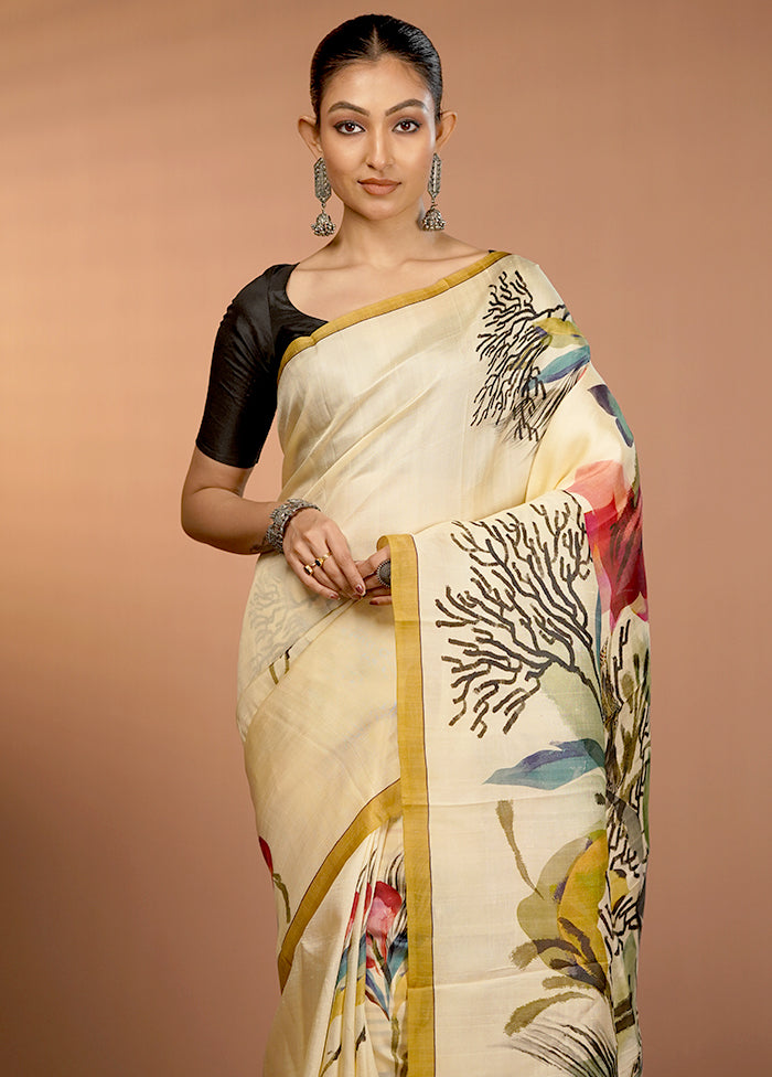 Cream Handloom Printed Pure Silk Saree Without Blouse Piece