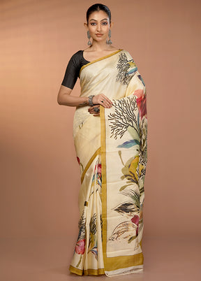 Cream Handloom Printed Pure Silk Saree Without Blouse Piece