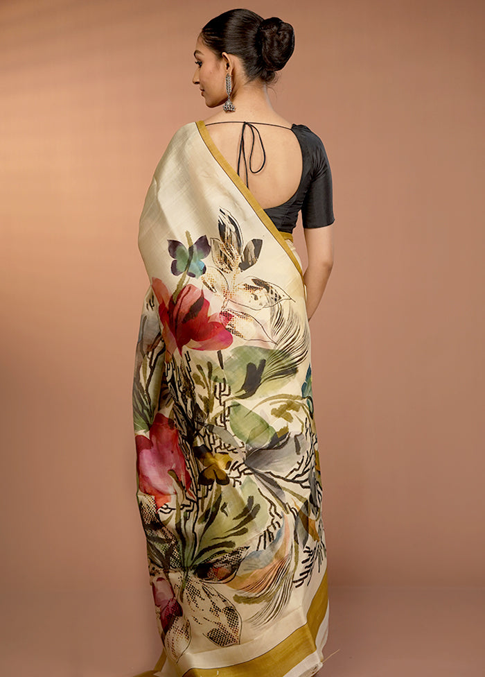 Cream Handloom Printed Pure Silk Saree Without Blouse Piece