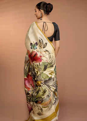 Cream Handloom Printed Pure Silk Saree Without Blouse Piece