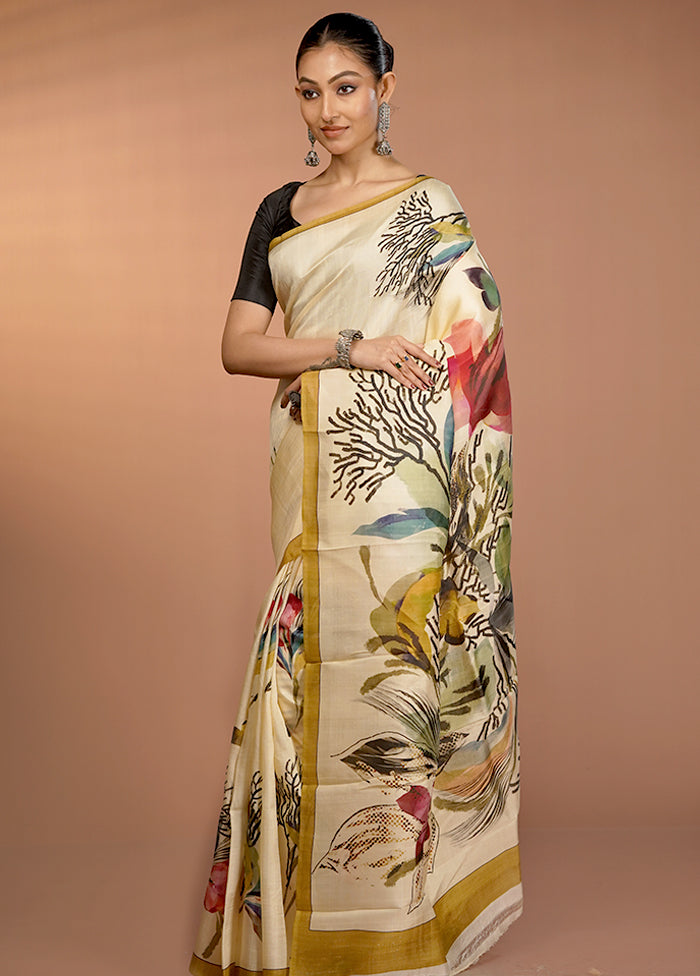 Cream Handloom Printed Pure Silk Saree Without Blouse Piece