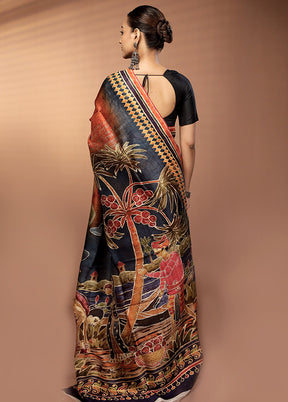 Orange Handloom Printed Pure Silk Saree Without Blouse Piece