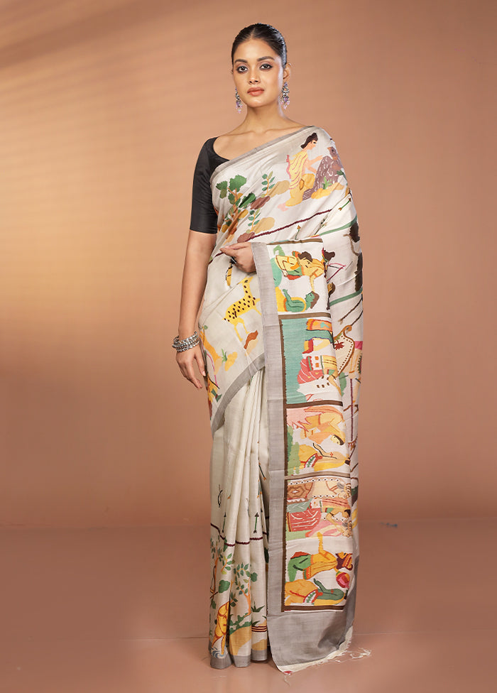 Grey Handloom Printed Pure Silk Saree Without Blouse Piece