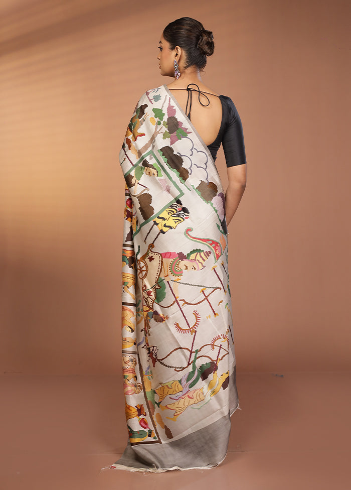 Grey Handloom Printed Pure Silk Saree Without Blouse Piece