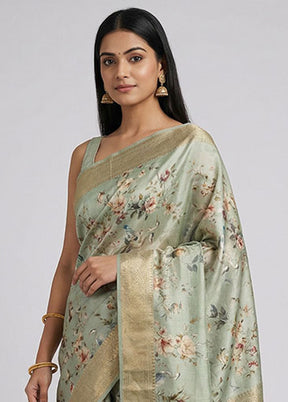 Green Printed Pure Silk Saree Without Blouse Piece