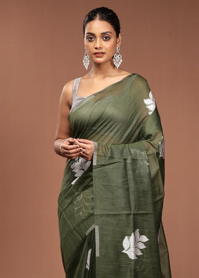 Green Dupion Silk Saree With Blouse Piece