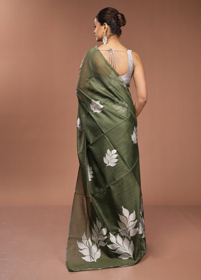Green Dupion Silk Saree With Blouse Piece