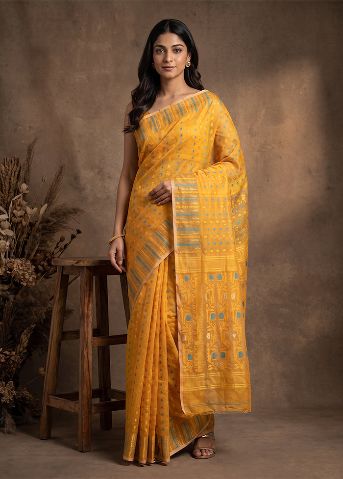 Yellow Jamdani Cotton Saree Without Blouse Piece