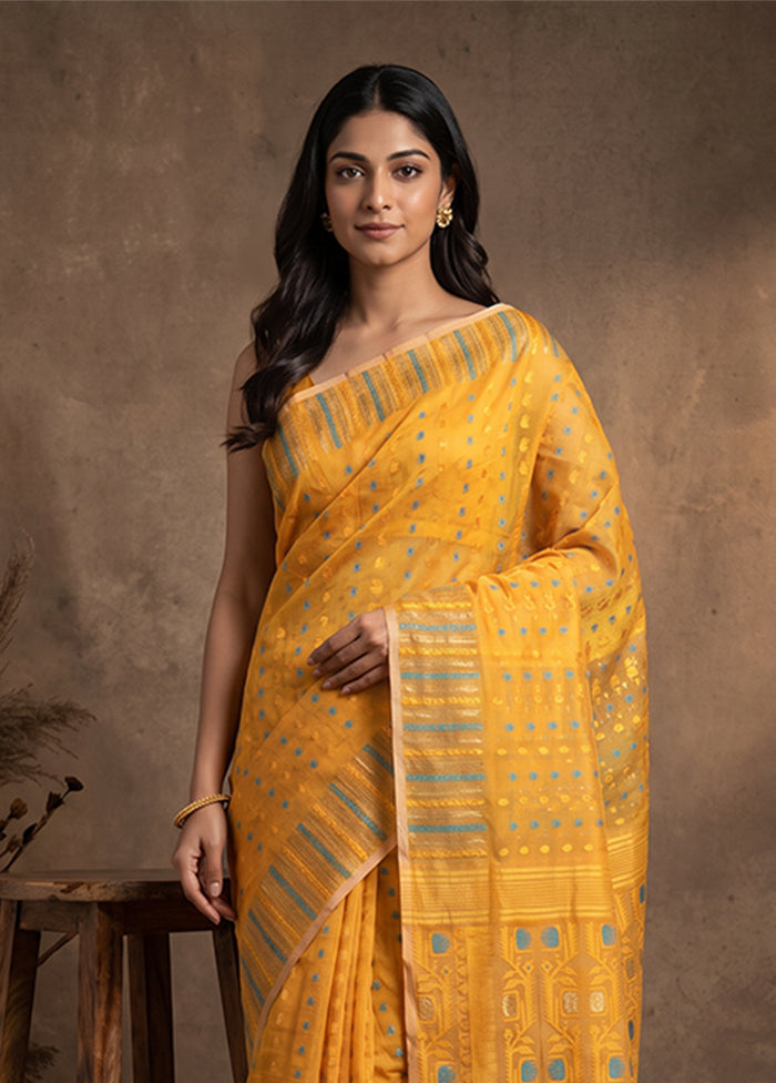 Yellow Jamdani Cotton Saree Without Blouse Piece