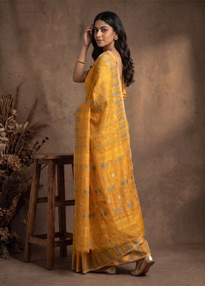 Yellow Jamdani Cotton Saree Without Blouse Piece