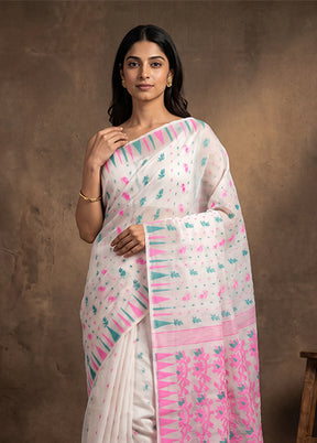 White Jamdani Cotton Saree Without Blouse Piece
