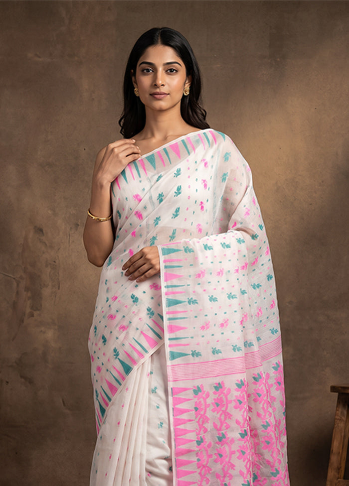 White Jamdani Cotton Saree Without Blouse Piece