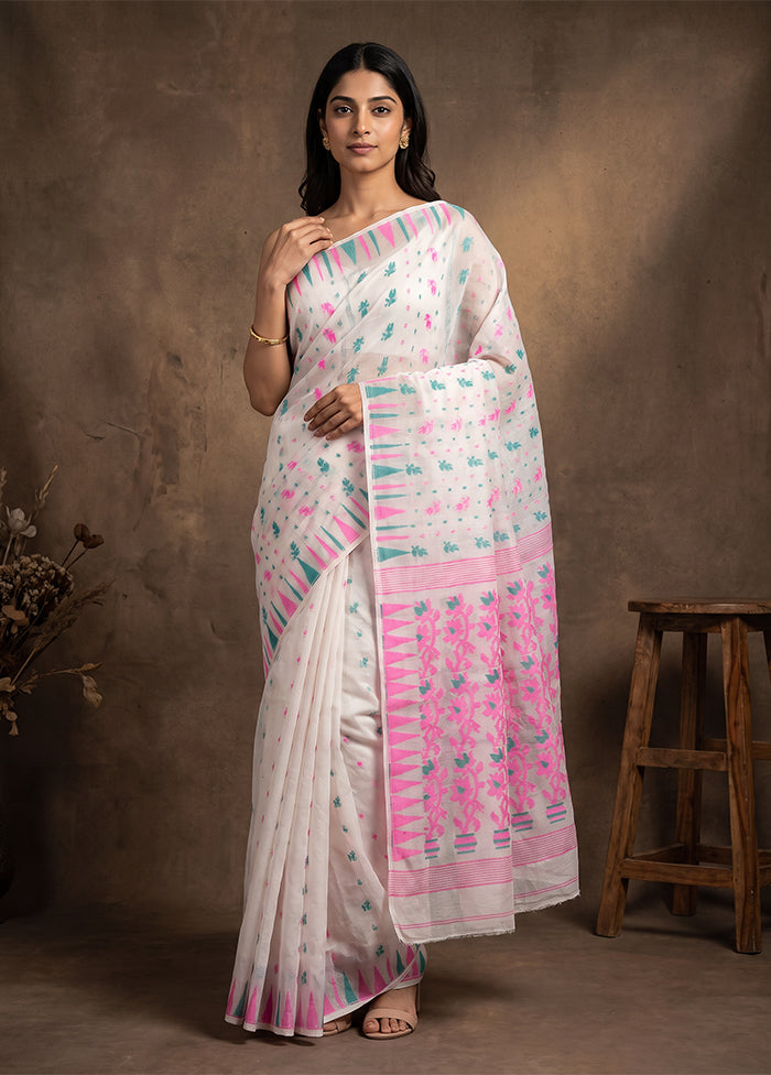 White Jamdani Cotton Saree Without Blouse Piece
