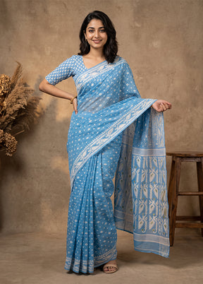 Blue Jamdani Cotton Saree Without Blouse Piece