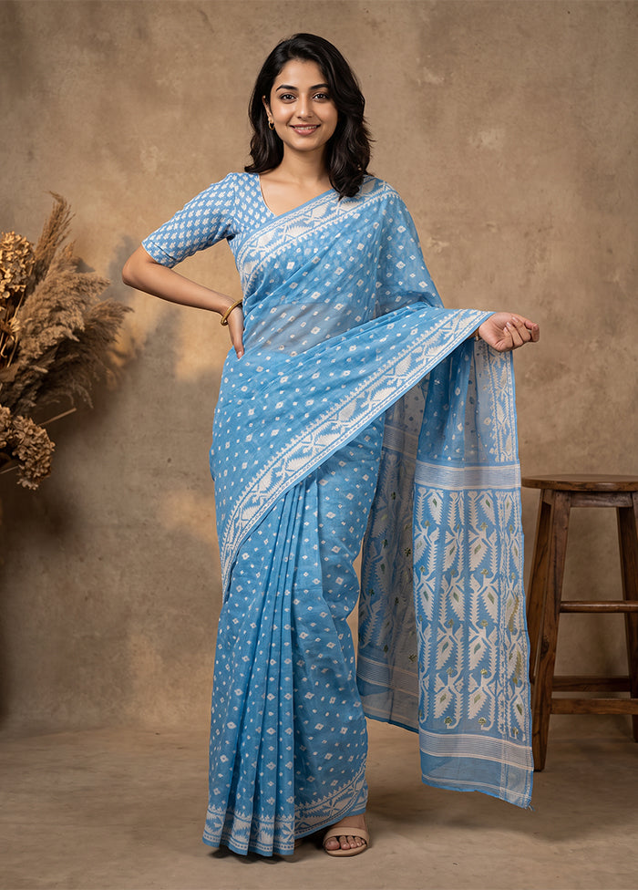 Blue Jamdani Cotton Saree Without Blouse Piece