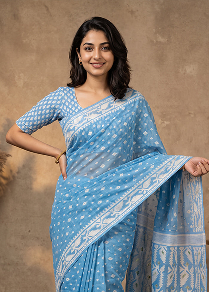 Blue Jamdani Cotton Saree Without Blouse Piece