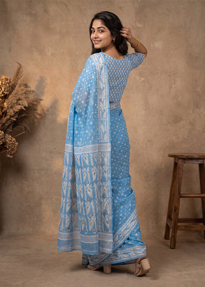 Blue Jamdani Cotton Saree Without Blouse Piece