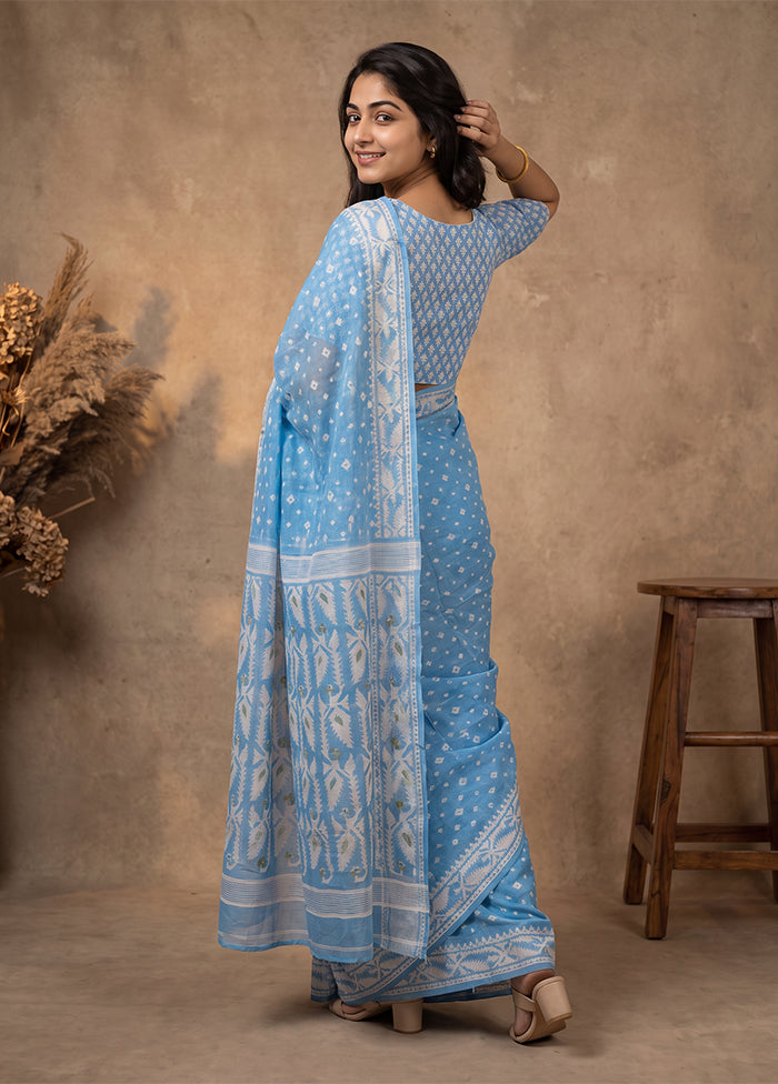 Blue Jamdani Cotton Saree Without Blouse Piece