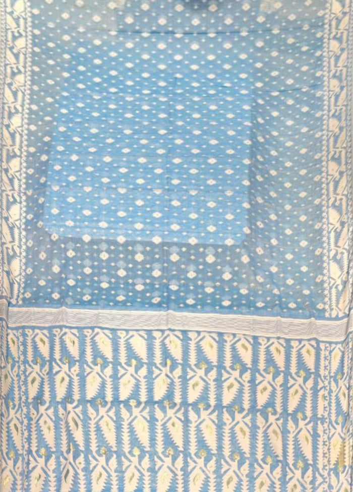 Blue Jamdani Cotton Saree Without Blouse Piece