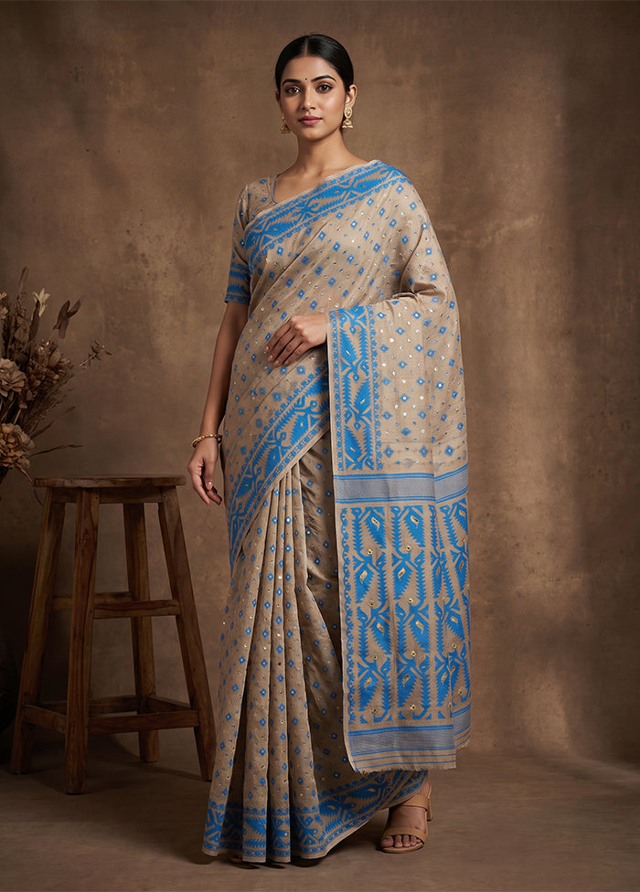 Cream Jamdani Cotton Saree Without Blouse Piece