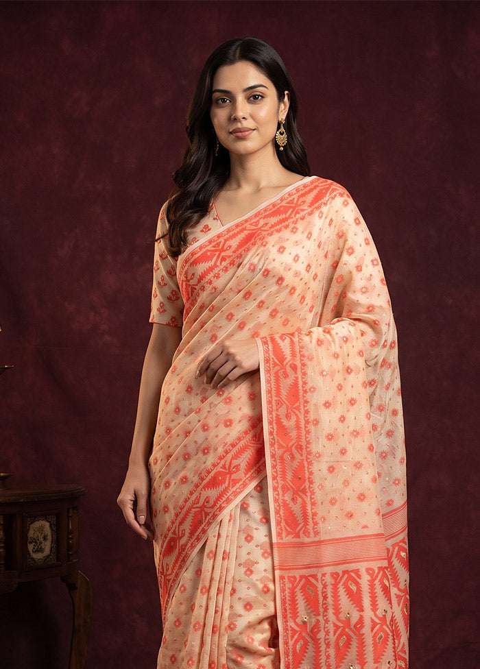 Cream Jamdani Cotton Saree Without Blouse Piece