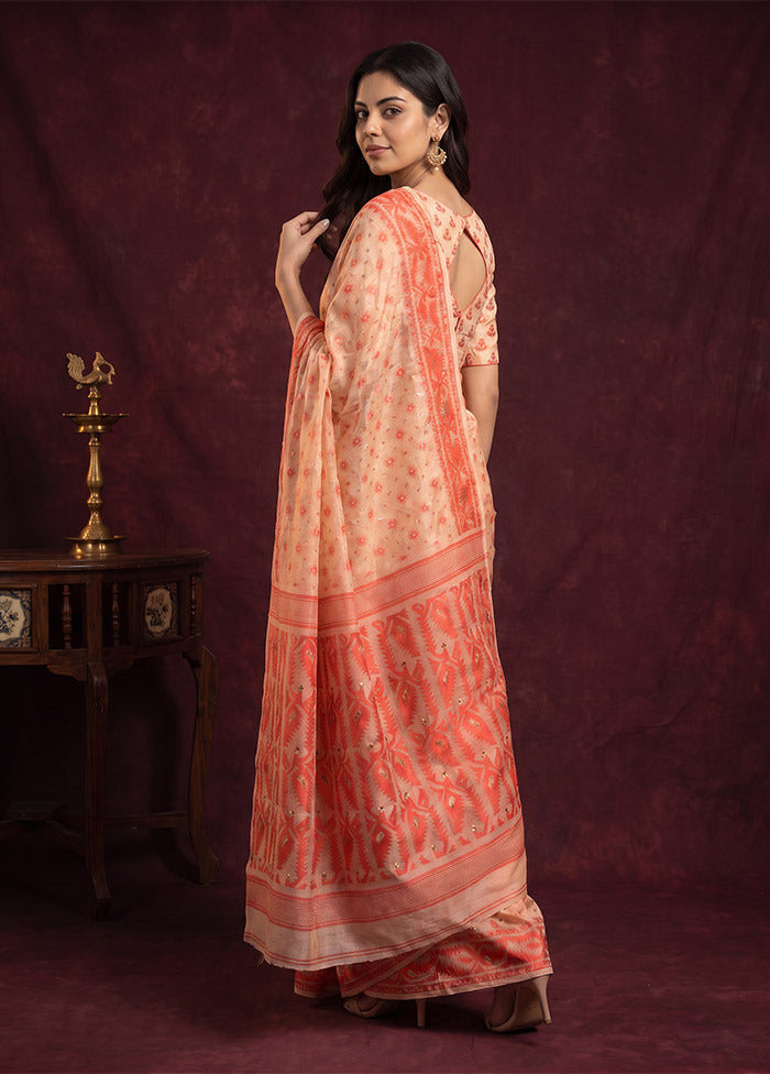 Cream Jamdani Cotton Saree Without Blouse Piece