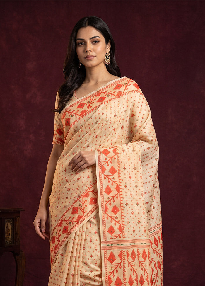 Cream Jamdani Cotton Saree Without Blouse Piece